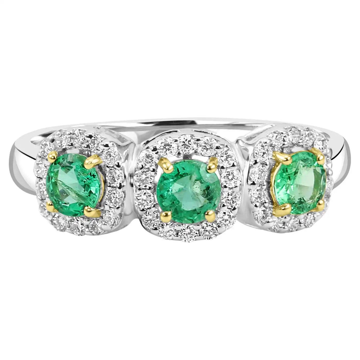 Anillo de compromiso de oro de 18 quilates con 3 piedras y diamantes blancos redondos y esmeralda