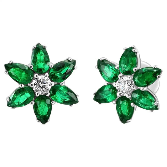 Green Emerald Pear Diamond Round "Flower" 18 Karat Gold Stud Earrings