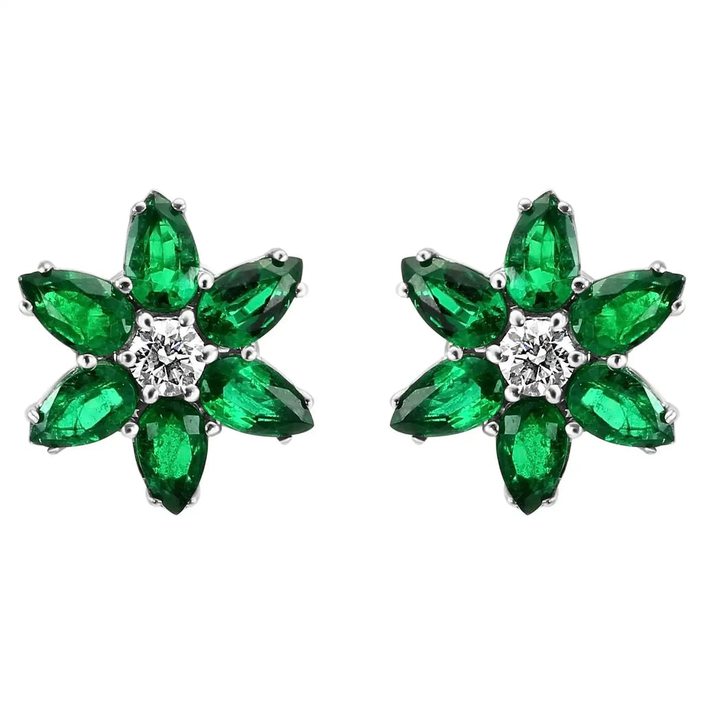 Green Emerald Pear Diamond Round "Flower" 18 Karat Gold Stud Earrings