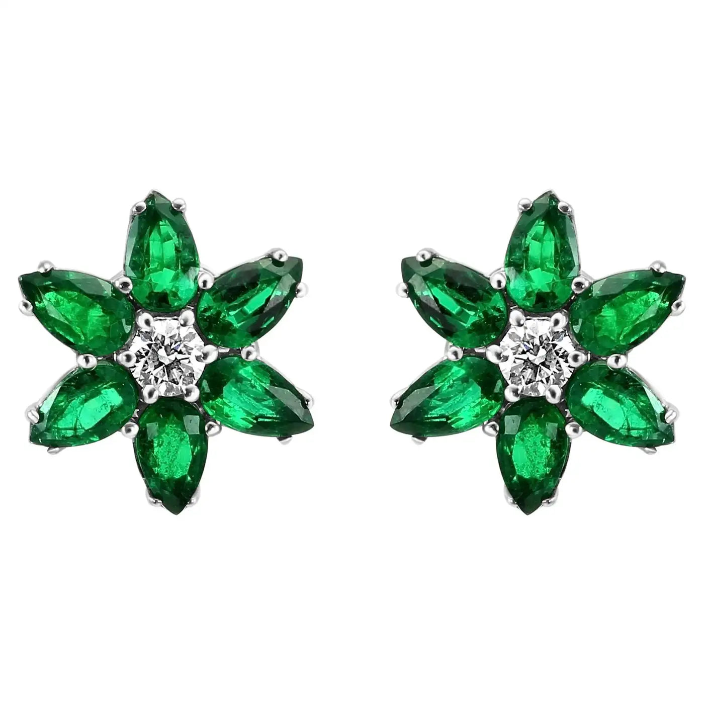 Green Emerald Pear Diamond Round "Flower" 18 Karat Gold Stud Earrings