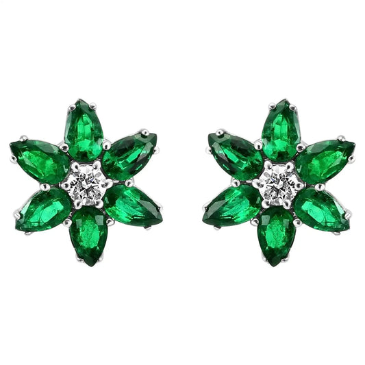 Green Emerald Pear Diamond Round "Flower" 18 Karat Gold Stud Earrings