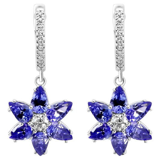 Tanzanite Pear Diamond Round 18K Gold Flower Shape Dangle Earrings