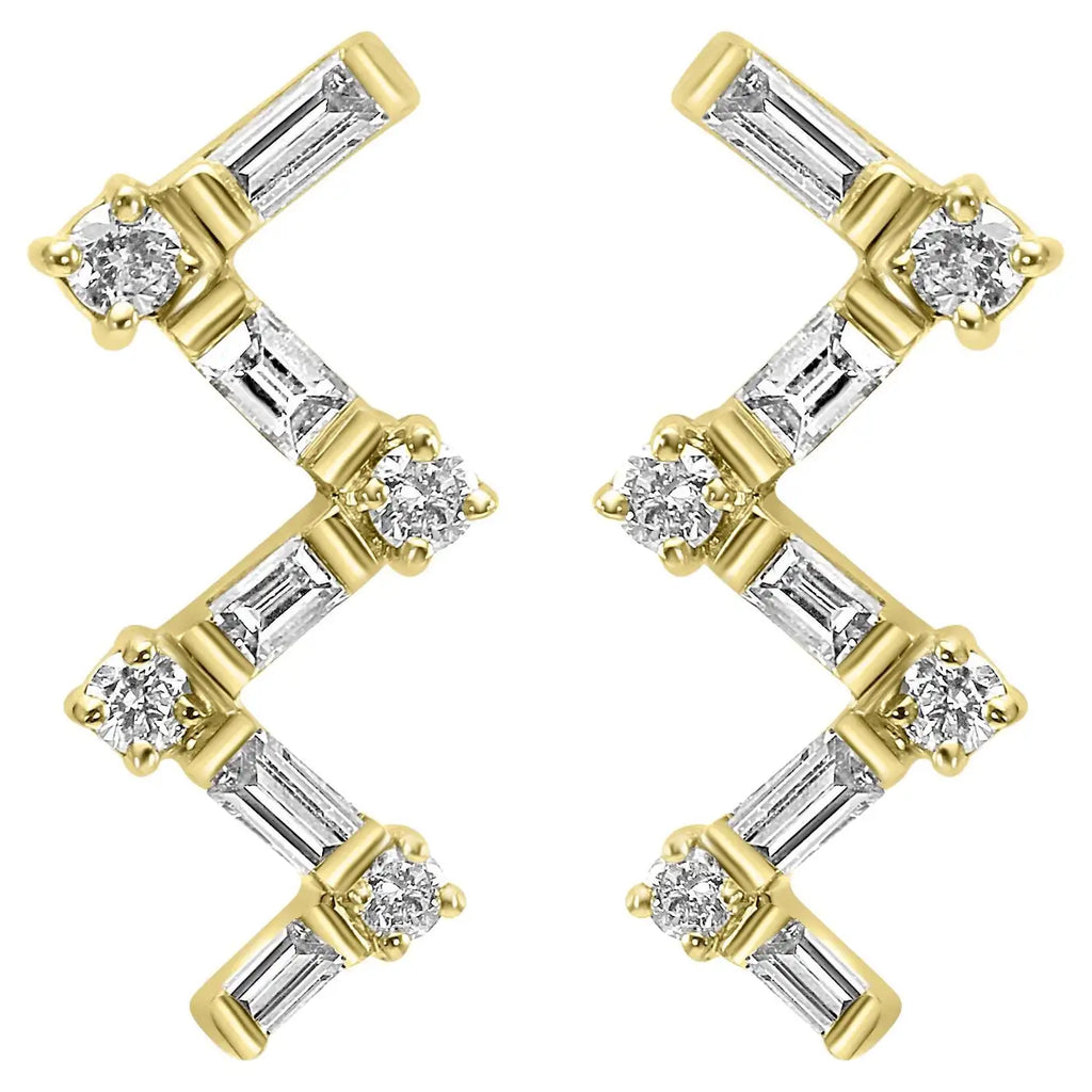 White Diamond Baguette & Round 14K Gold "ZIG-ZAG"  Stud Earring