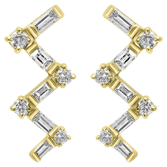 White Diamond Baguette & Round 14K Gold "ZIG-ZAG"  Stud Earring