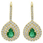 Emerald Pear & White Diamond Round Double Halo 14K Gold Dangle Earring
