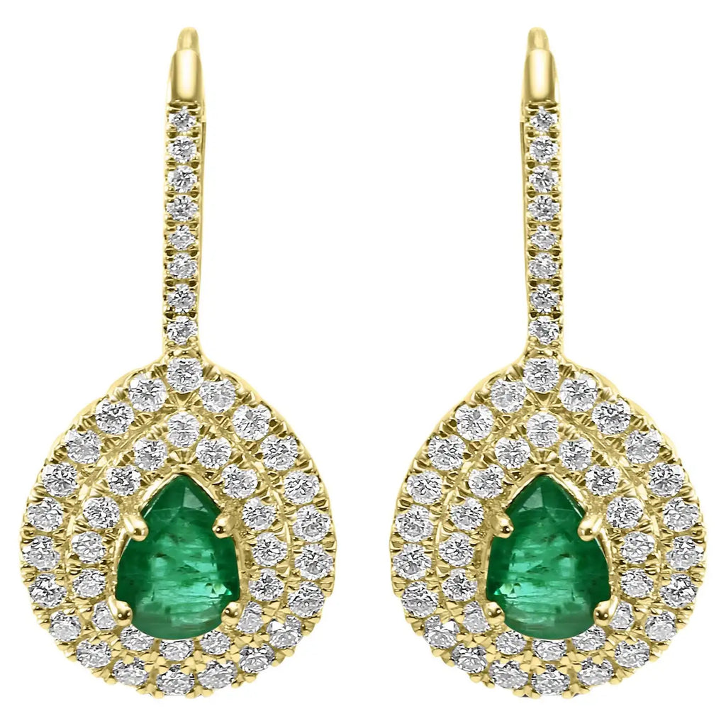 Emerald Pear & White Diamond Round Double Halo 14K Gold Dangle Earring