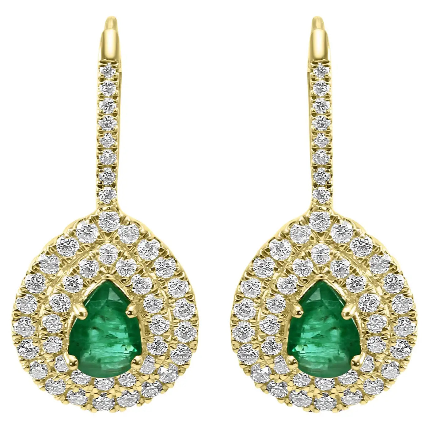 Emerald Pear & White Diamond Round Double Halo 14K Gold Dangle Earring