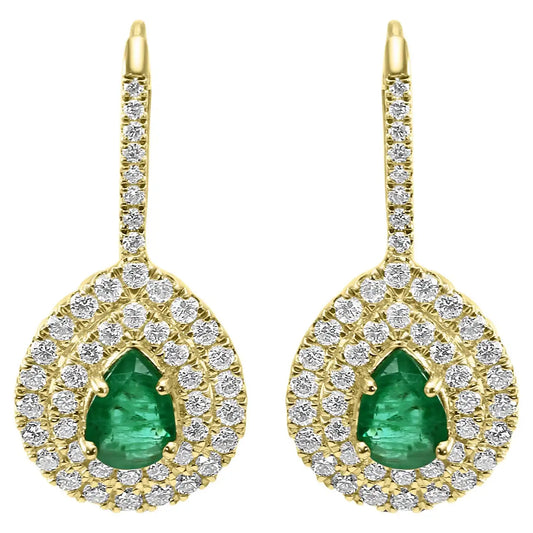 Emerald Pear & White Diamond Round Double Halo 14K Gold Dangle Earring