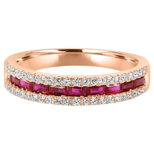 Ruby Baguette & White Diamond Round Three-Row 18K Gold Band Ring