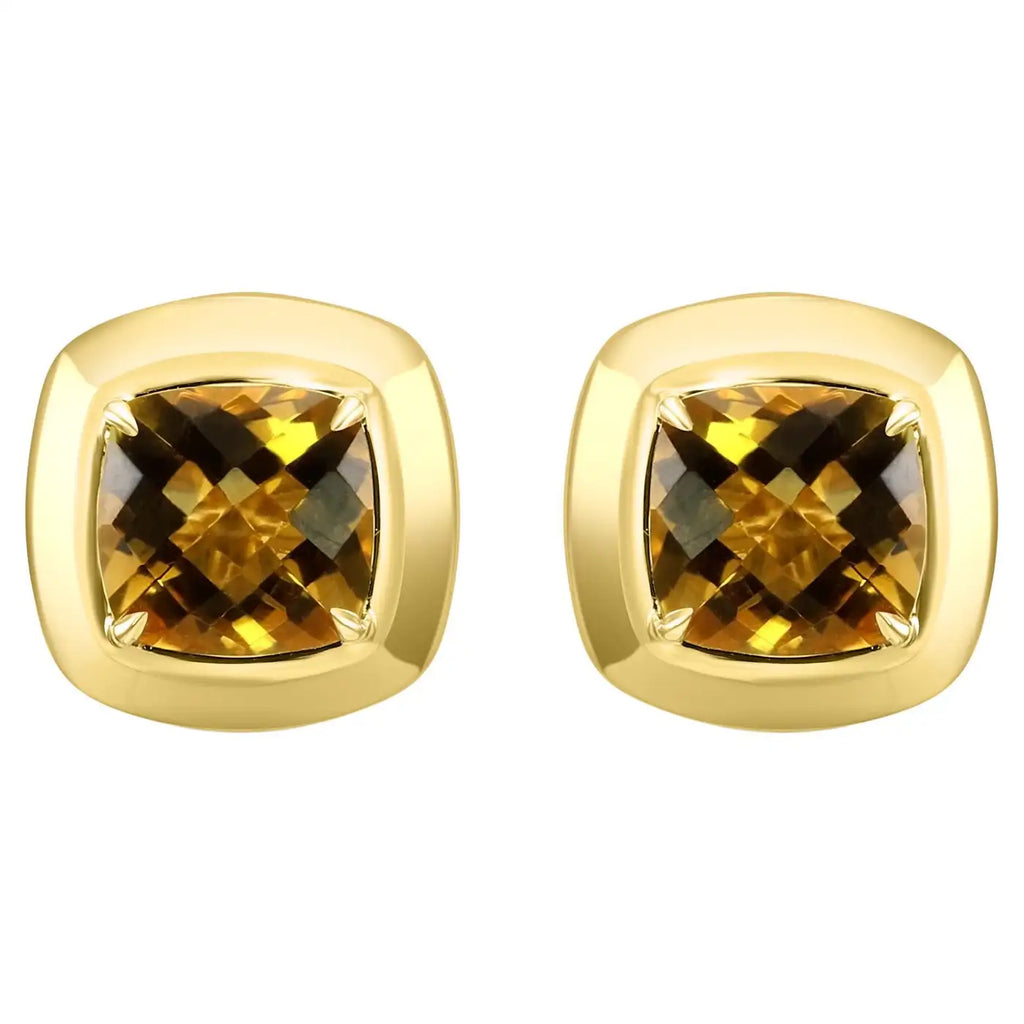Citrine Cushion Cut 14K Yellow Gold Bezel-Set Stud Earring