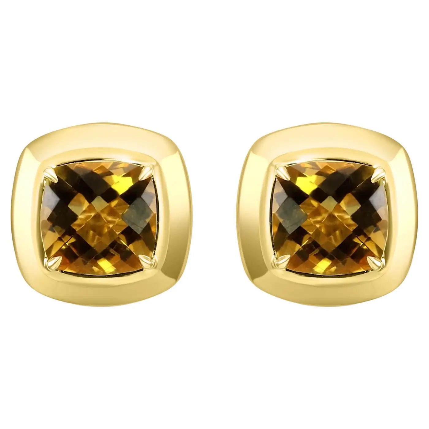 Citrine Cushion Cut 14K Yellow Gold Bezel-Set Stud Earring