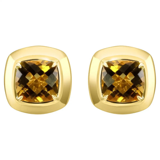 Citrine Cushion Cut 14K Yellow Gold Bezel-Set Stud Earring