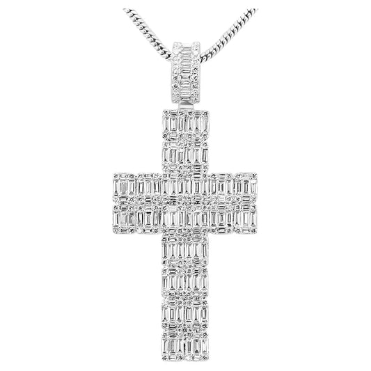 White Diamond Baguette and Round 14K Gold Cross Statement Pendant