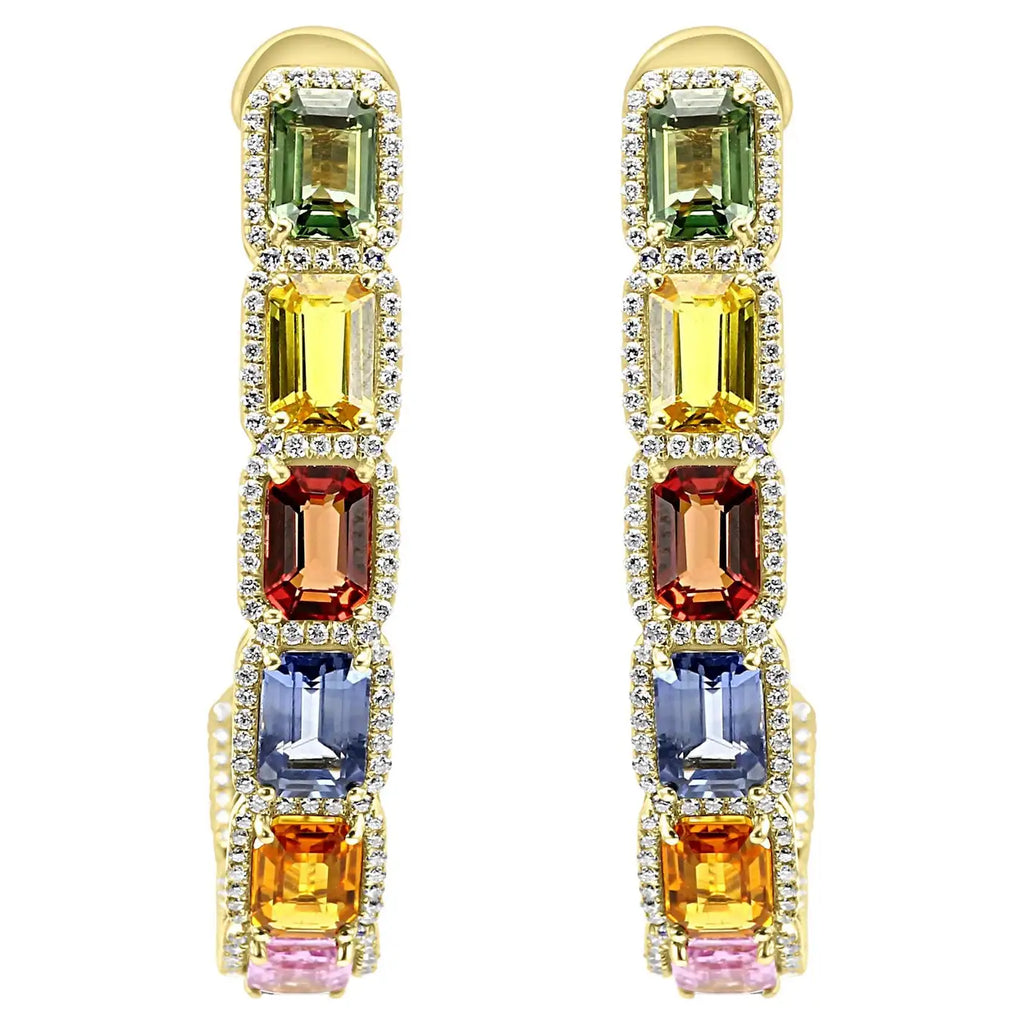 Multi Sapphire Emerald & Diamond 12.30 Carat 14 Karat Yellow Gold Drop Earring