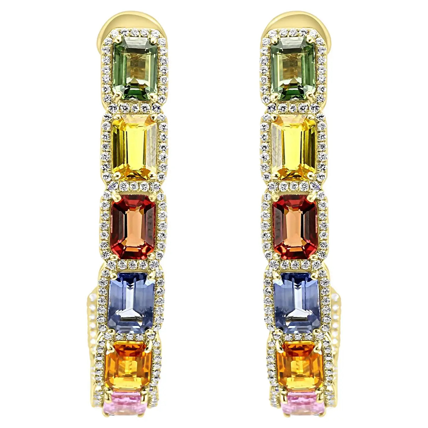 Multi Sapphire Emerald & Diamond 12.30 Carat 14 Karat Yellow Gold Drop Earring