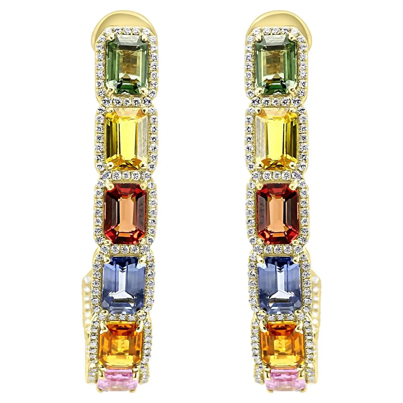 Multi Sapphire Emerald & Diamond 12.30 Carat 14 Karat Yellow Gold Drop Earring