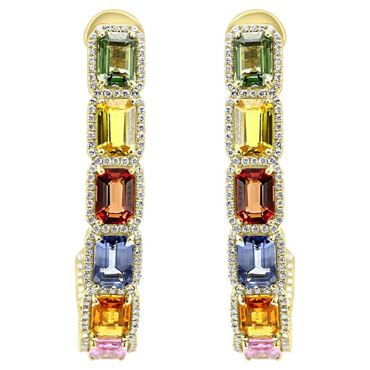 Multi Sapphire Emerald & Diamond 12.30 Carat 14 Karat Yellow Gold Drop Earring