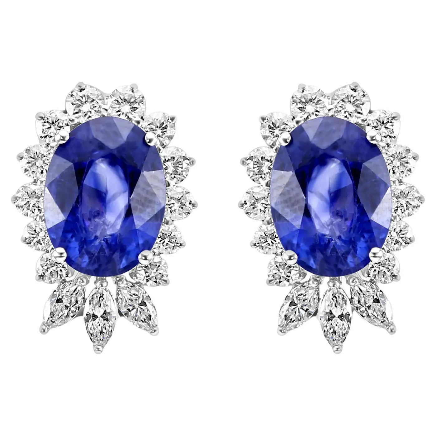 Pendiente de oro de 18 quilates con zafiro azul de Ceilán y diamantes naturales ovalados, redondos y marquesinas