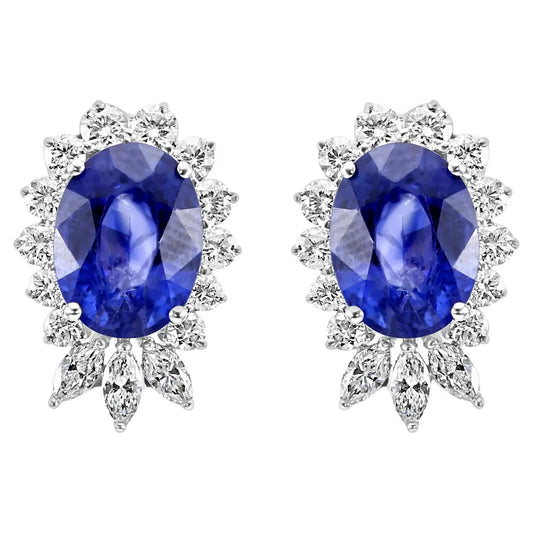 18K Gold Fancy Earring Ceylon Blue Sapphire Oval, Round & Marquise  Natural Diamonds