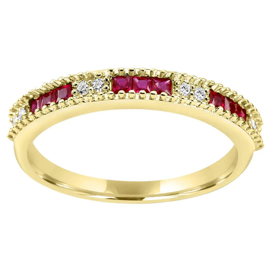 Ruby & White Diamond Round 14 Karat Yellow Gold Band Engagement Ring