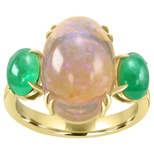 Cabochon Oval Opal & Emerald 18 Karat Yellow Gold Three-Stone Fashion Ring