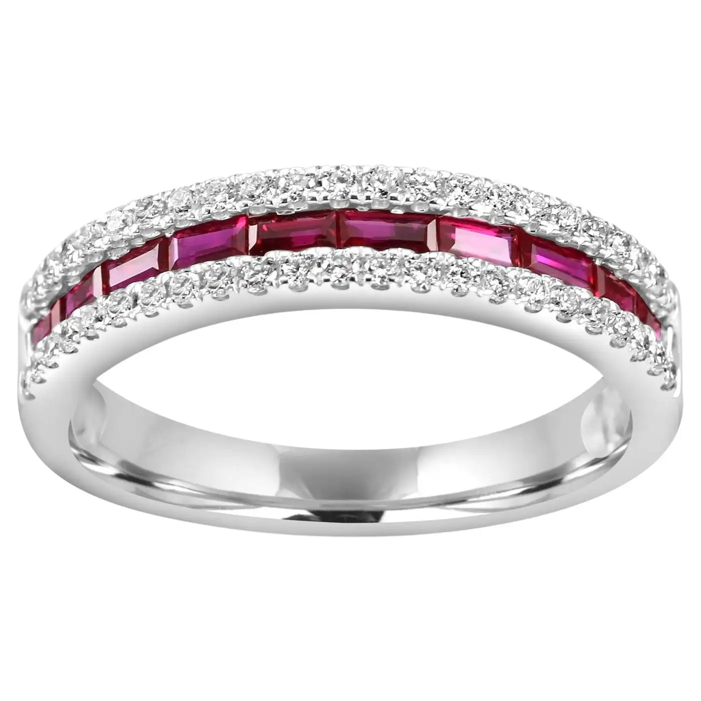 Anillo de eternidad de oro blanco de 14 quilates con diamantes y rubelita de tres filas