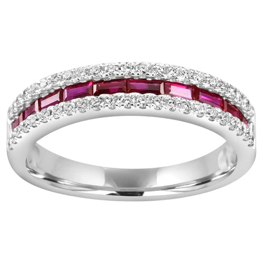 Rubellite Baguette & Diamond Round Three-Row 14K White Gold Eternity Ring