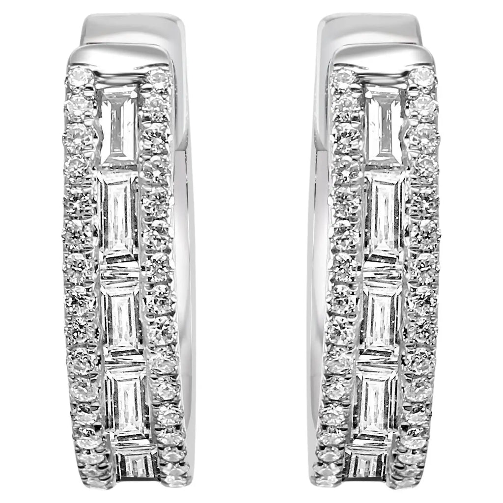 White Diamond Baguette & Round 14 Karat White Gold Fashion Huggie Hoop Earrings