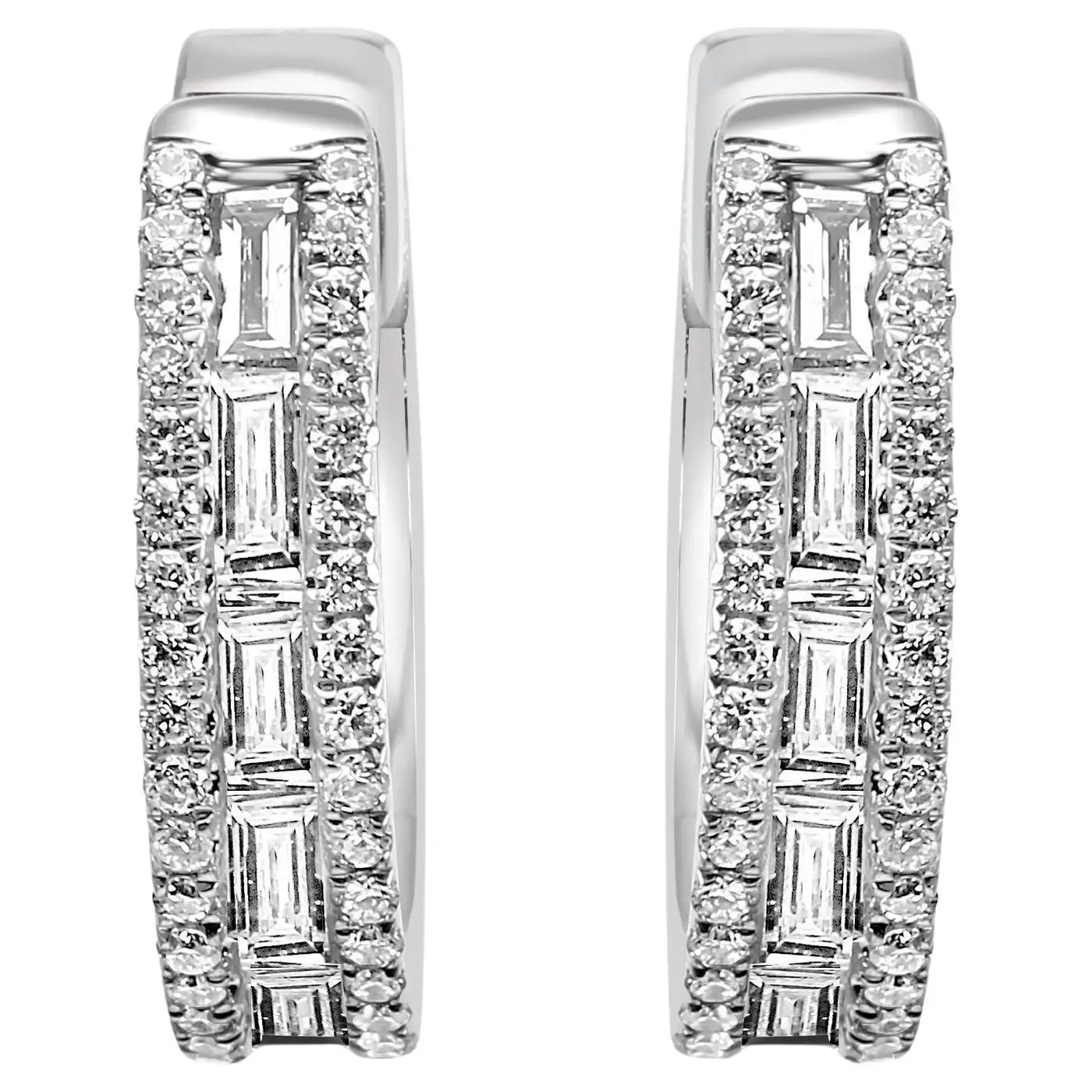 White Diamond Baguette & Round 14 Karat White Gold Fashion Huggie Hoop Earrings