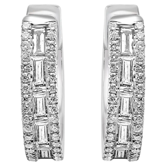 White Diamond Baguette & Round 14 Karat White Gold Fashion Huggie Hoop Earrings