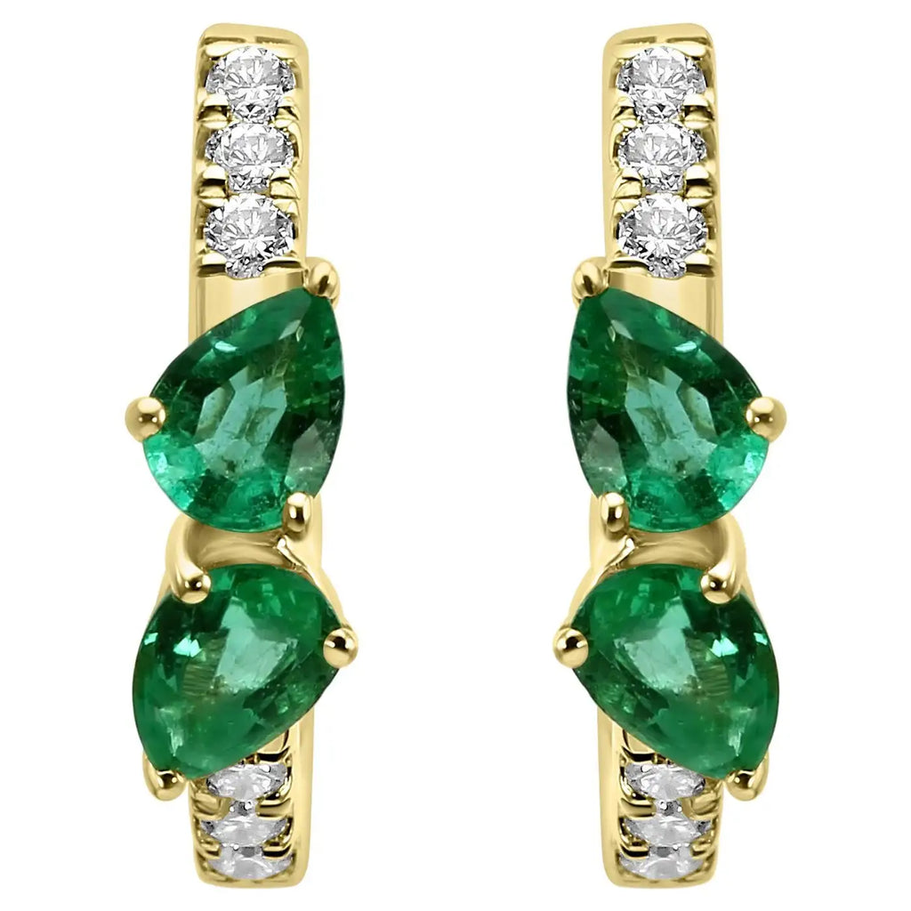 Huggie Hoop Earring With Pear Emerald & White Round Diamonds 14K Yellow Gold