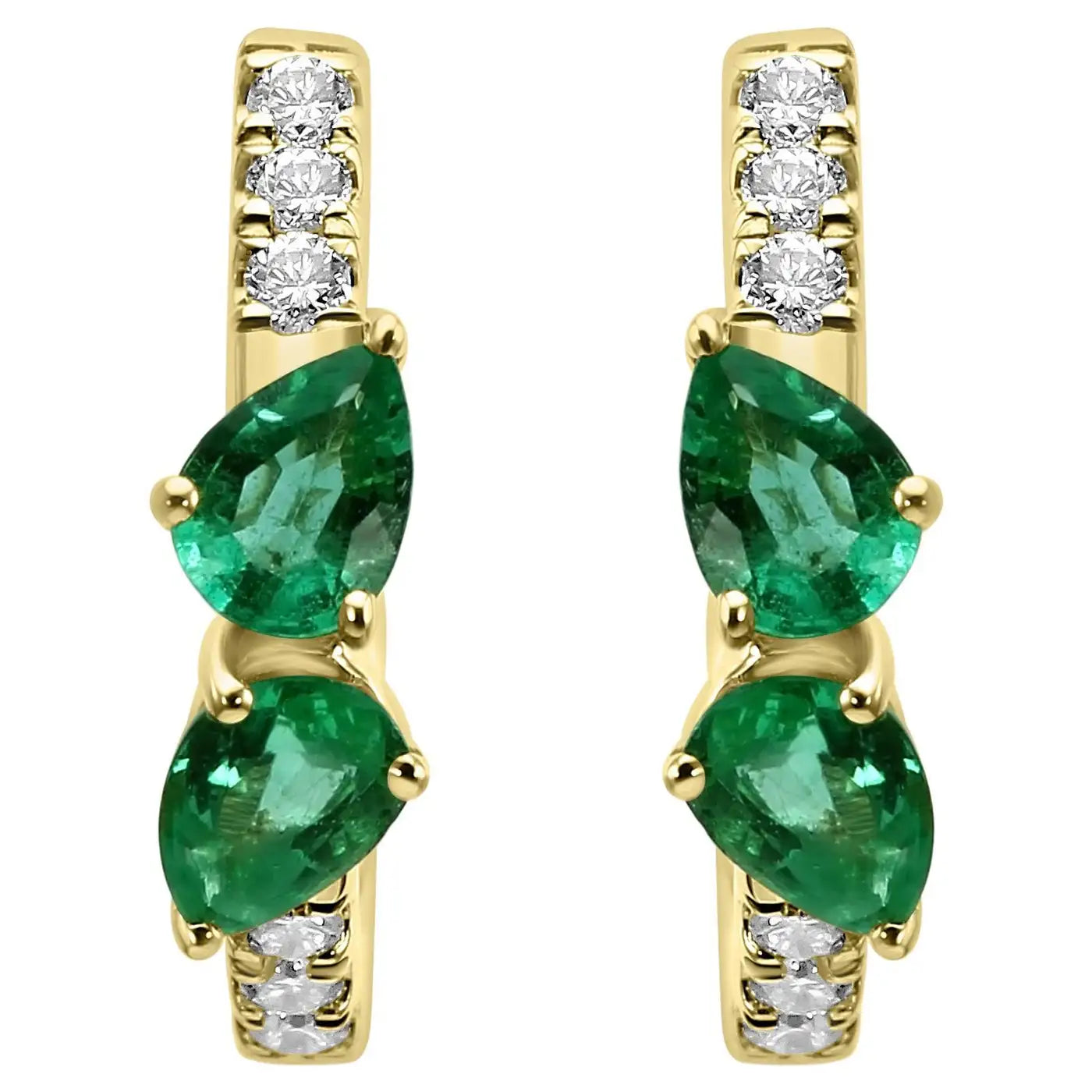 Huggie Hoop Earring With Pear Emerald & White Round Diamonds 14K Yellow Gold