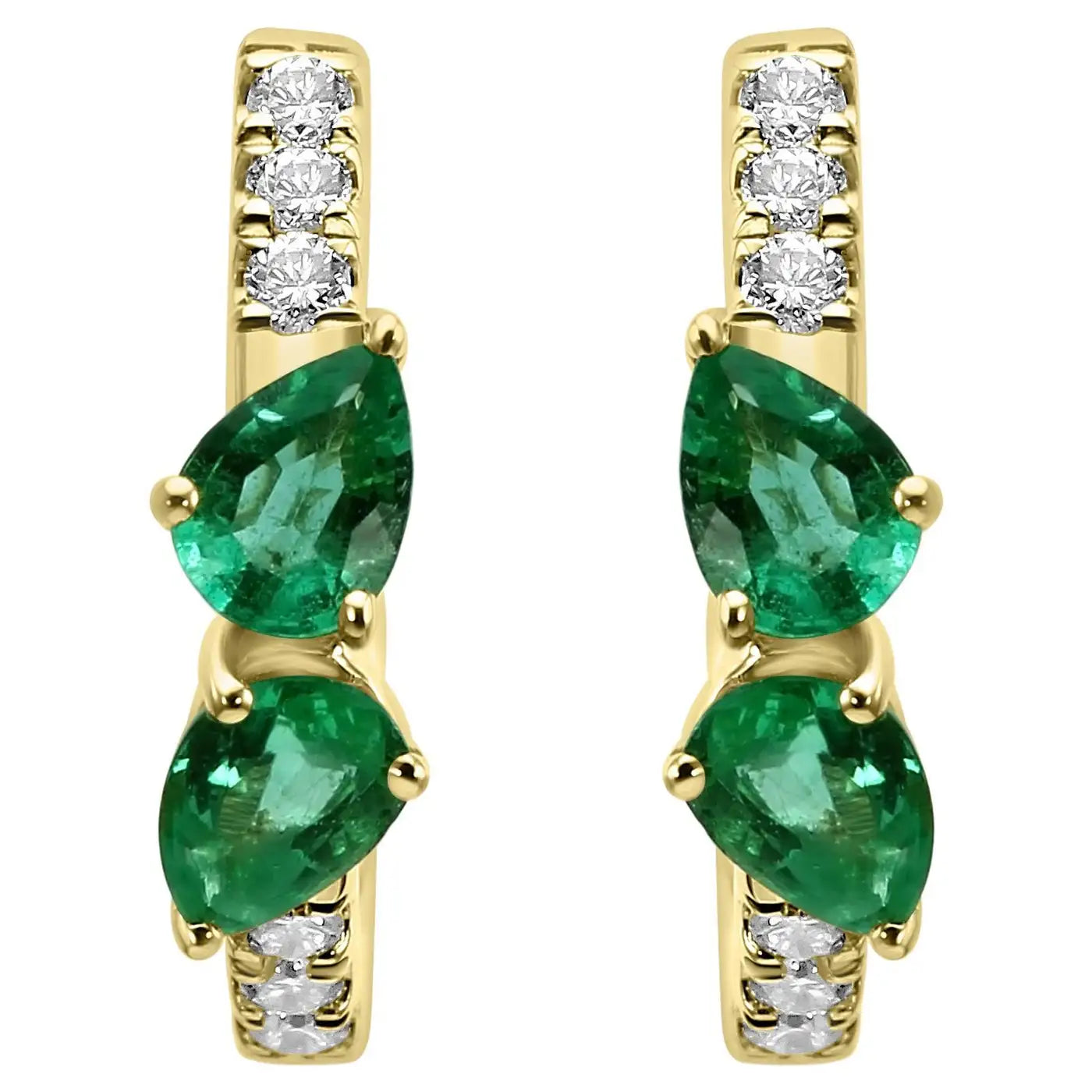 Huggie Hoop Earring With Pear Emerald & White Round Diamonds 14K Yellow Gold