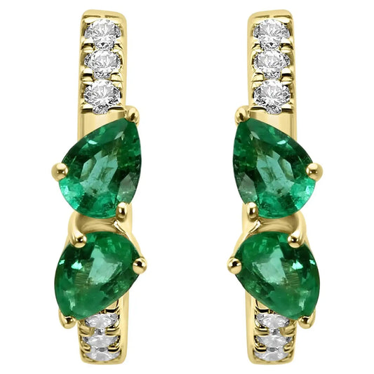 Huggie Hoop Earring With Pear Emerald & White Round Diamonds 14K Yellow Gold