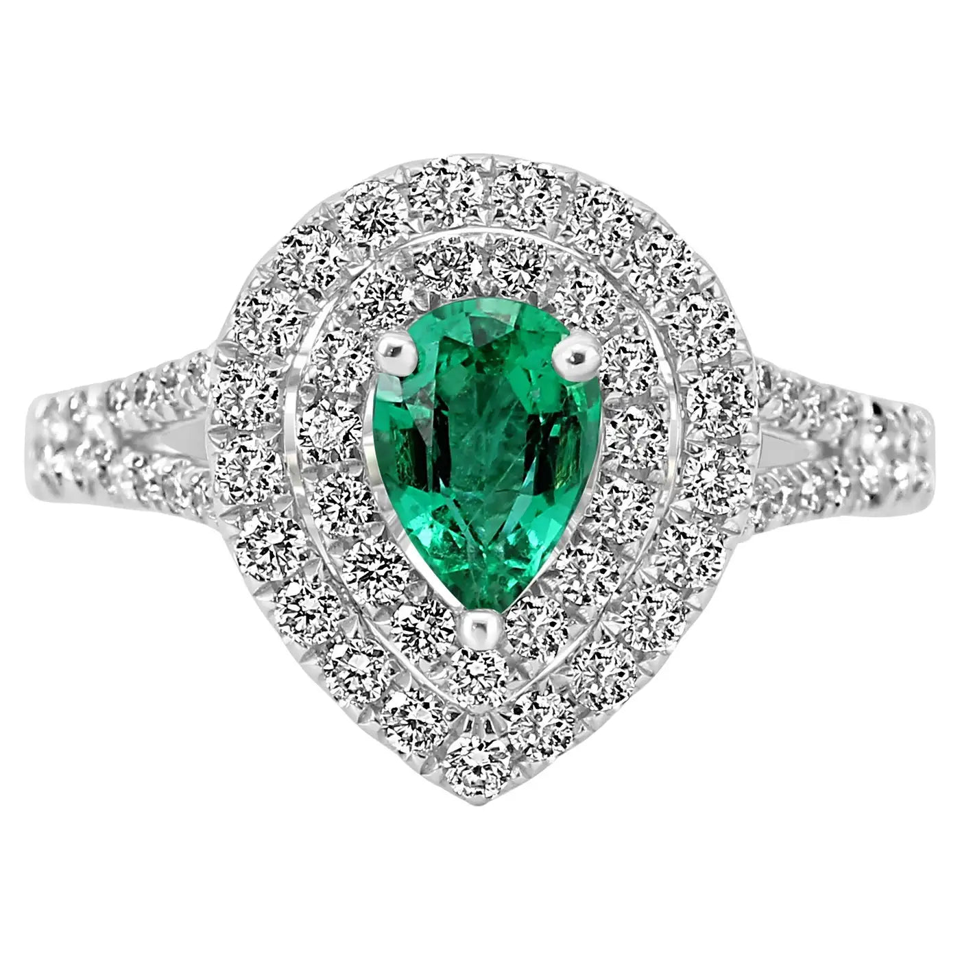 Anillo de compromiso nupcial: pera esmeralda y diamantes redondos blancos en oro de 18 quilates
