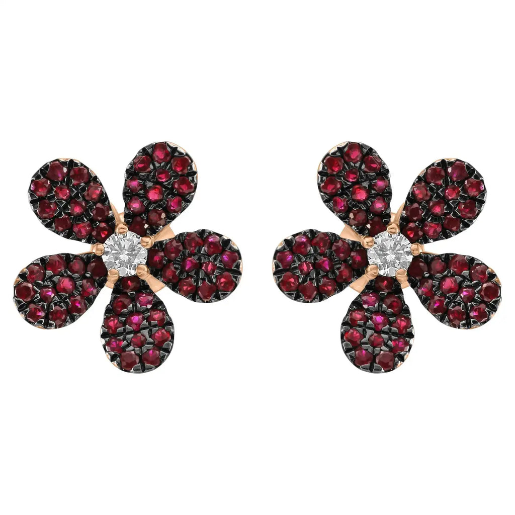Flower Shape, Cocktail Earring's 14K Rose Gold with Ruby and Round White Diamonds