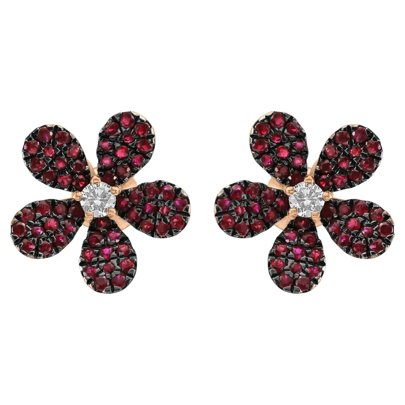 Pendientes de cóctel con forma de flor en oro rosa de 14 quilates con rubí y diamantes blancos redondos