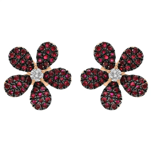 Pendientes de cóctel con forma de flor en oro rosa de 14 quilates con rubí y diamantes blancos redondos