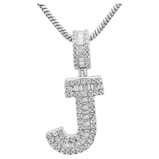 Pendant 18K White Gold Letter "J" White Diamond Baguette & Round