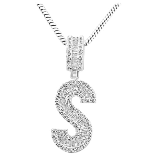 Pendant Letter "S"  Baguette & Round Diamonds 18K White Gold.