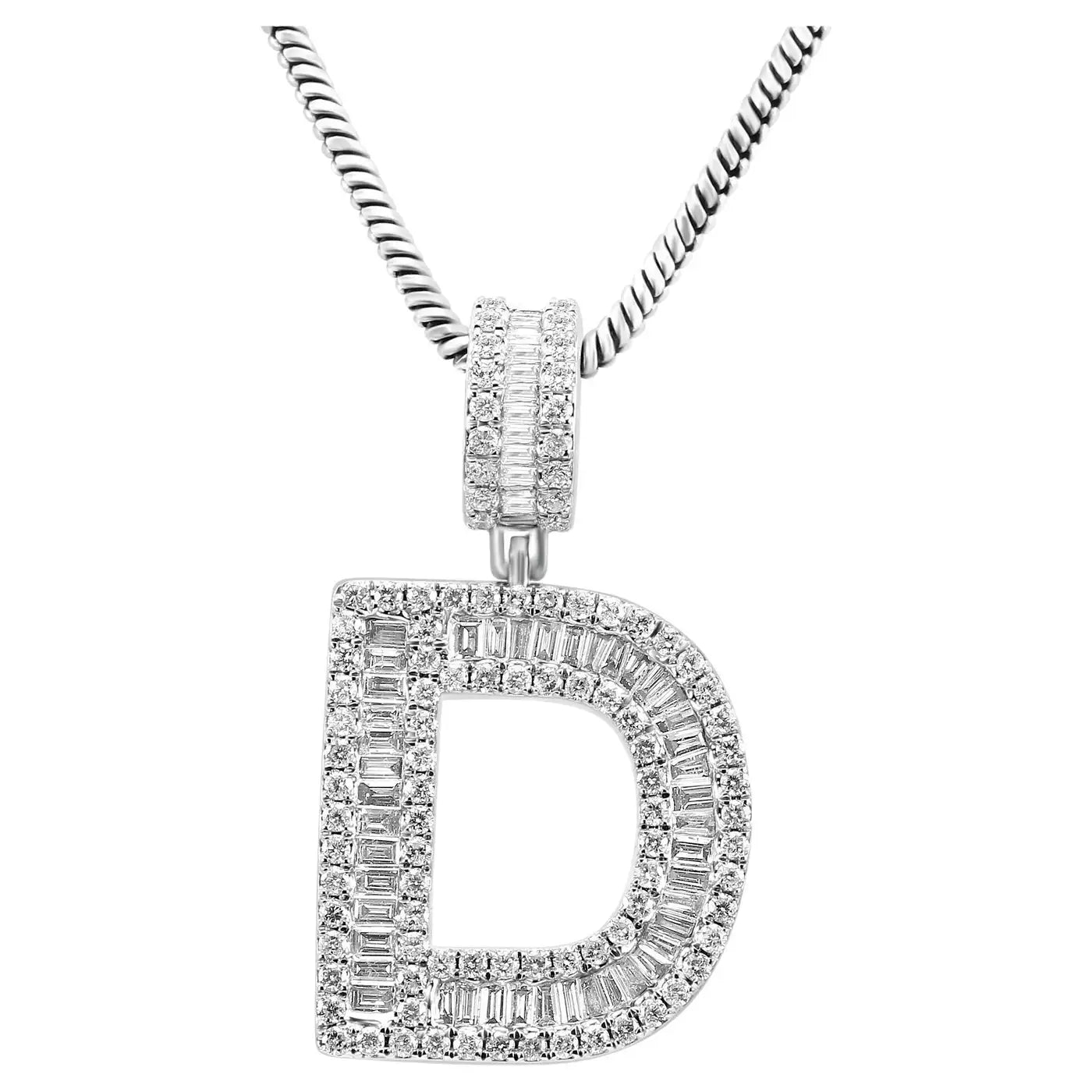 Pendant Letter "D"  Baguette & Round White Diamonds 14K White Gold