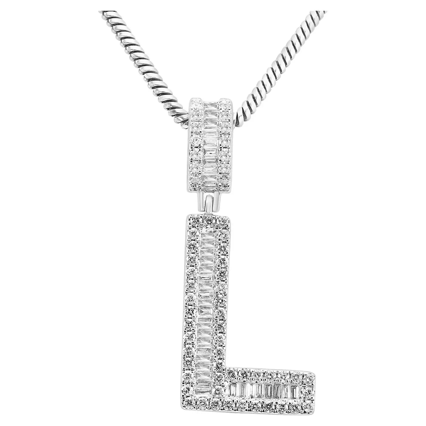 14K White Gold Letter "L"PendantWhite Diamond Baguette & Round