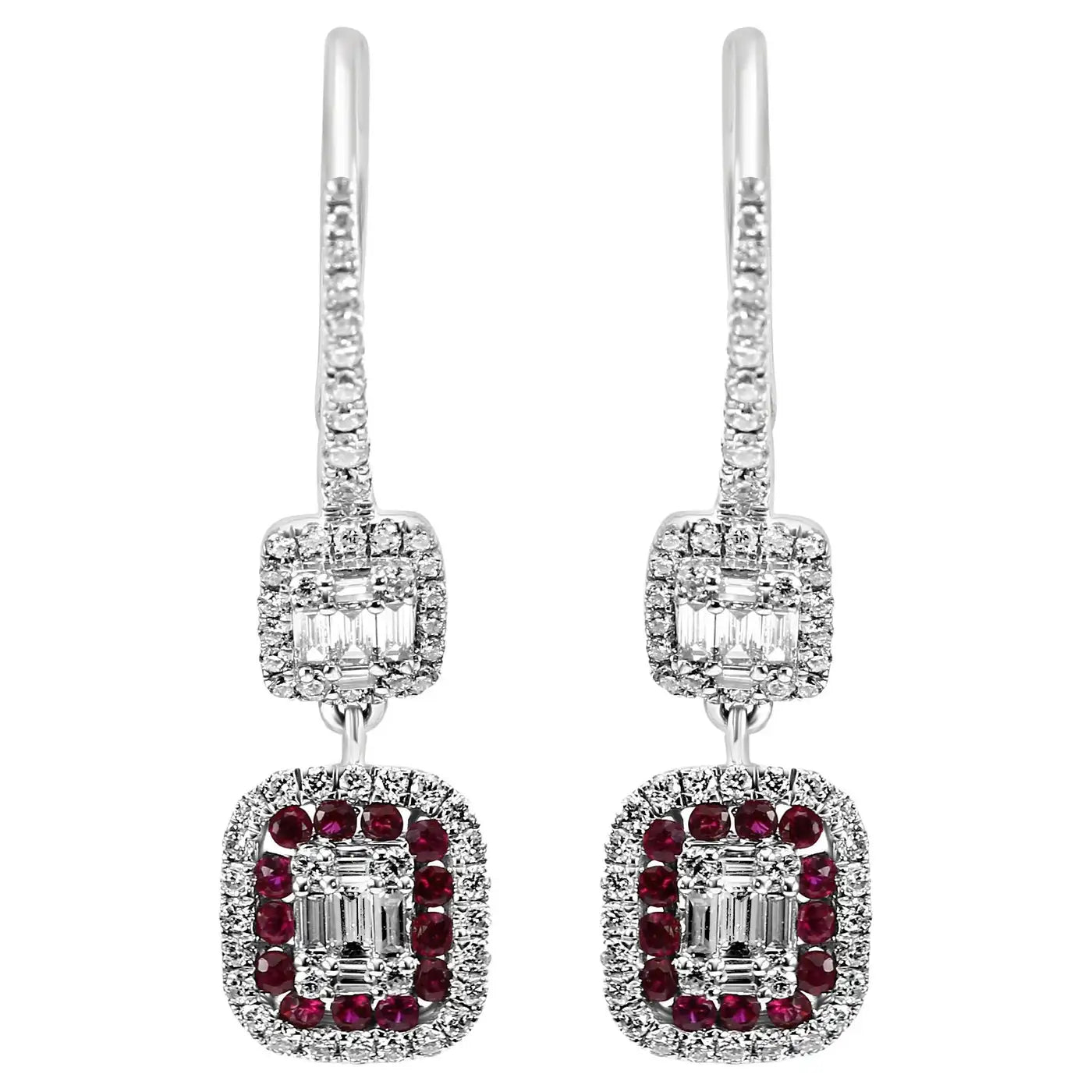 18k White Gold Dangle Drop Earrings  Ruby Round & Diamond Baguette