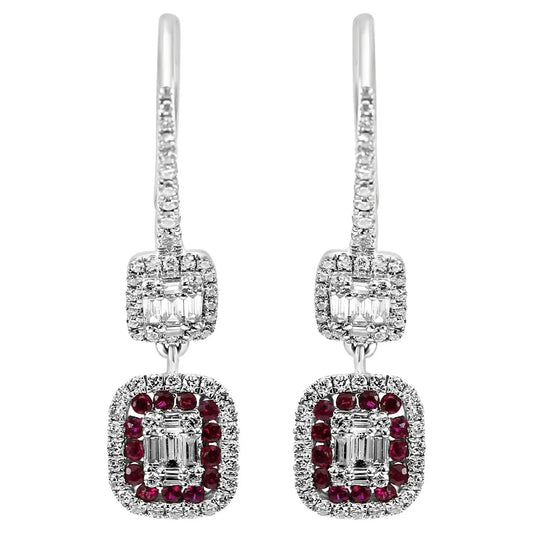 18k White Gold Dangle Drop Earrings  Ruby Round & Diamond Baguette