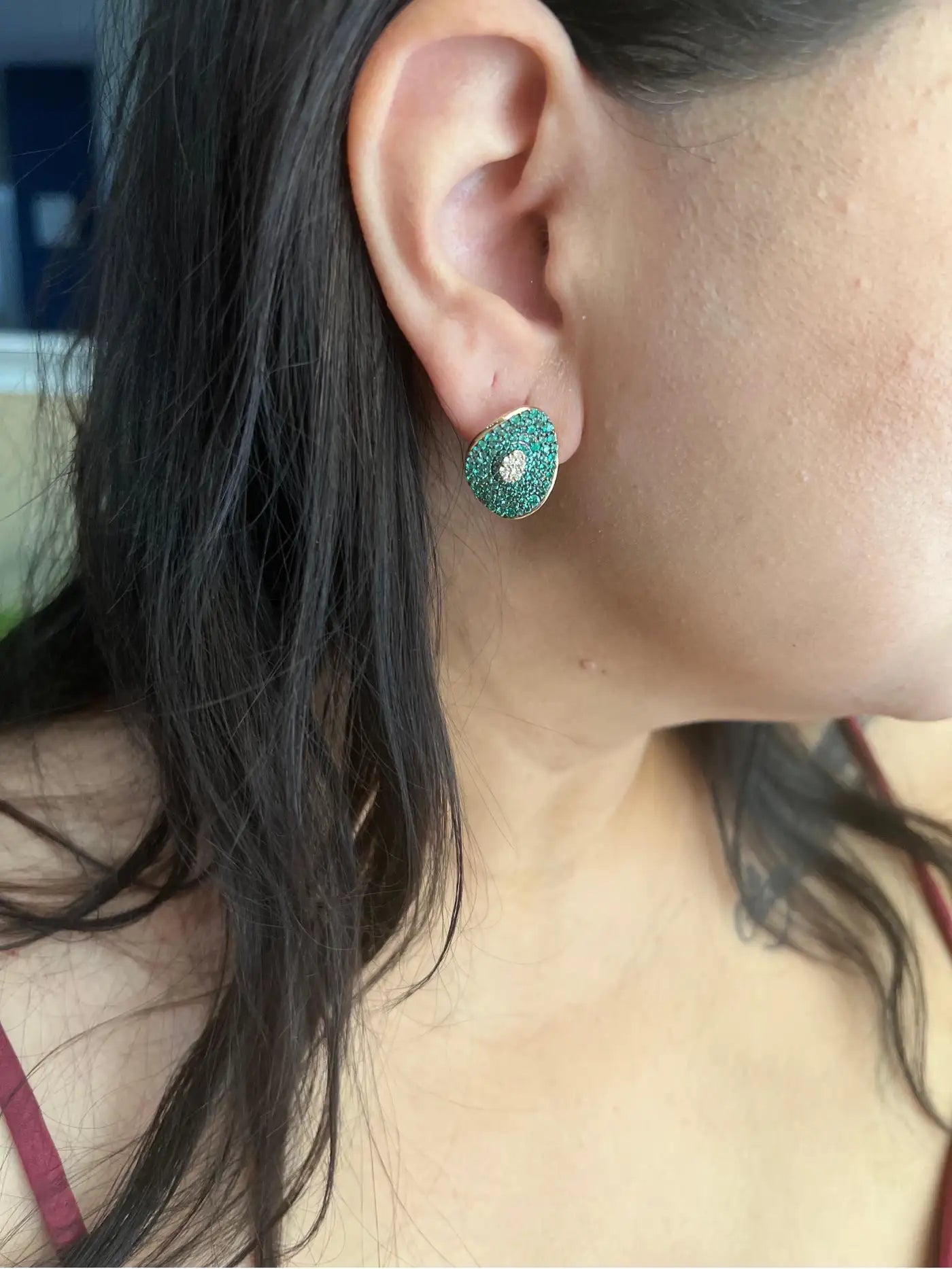 Emerald White Diamond Round 14K Gold Fancy Cocktail Stud Earring