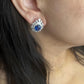 18K Gold Art Deco Halo Earring, Ceylon Sapphire 6.53 CT And White Round Diamonds