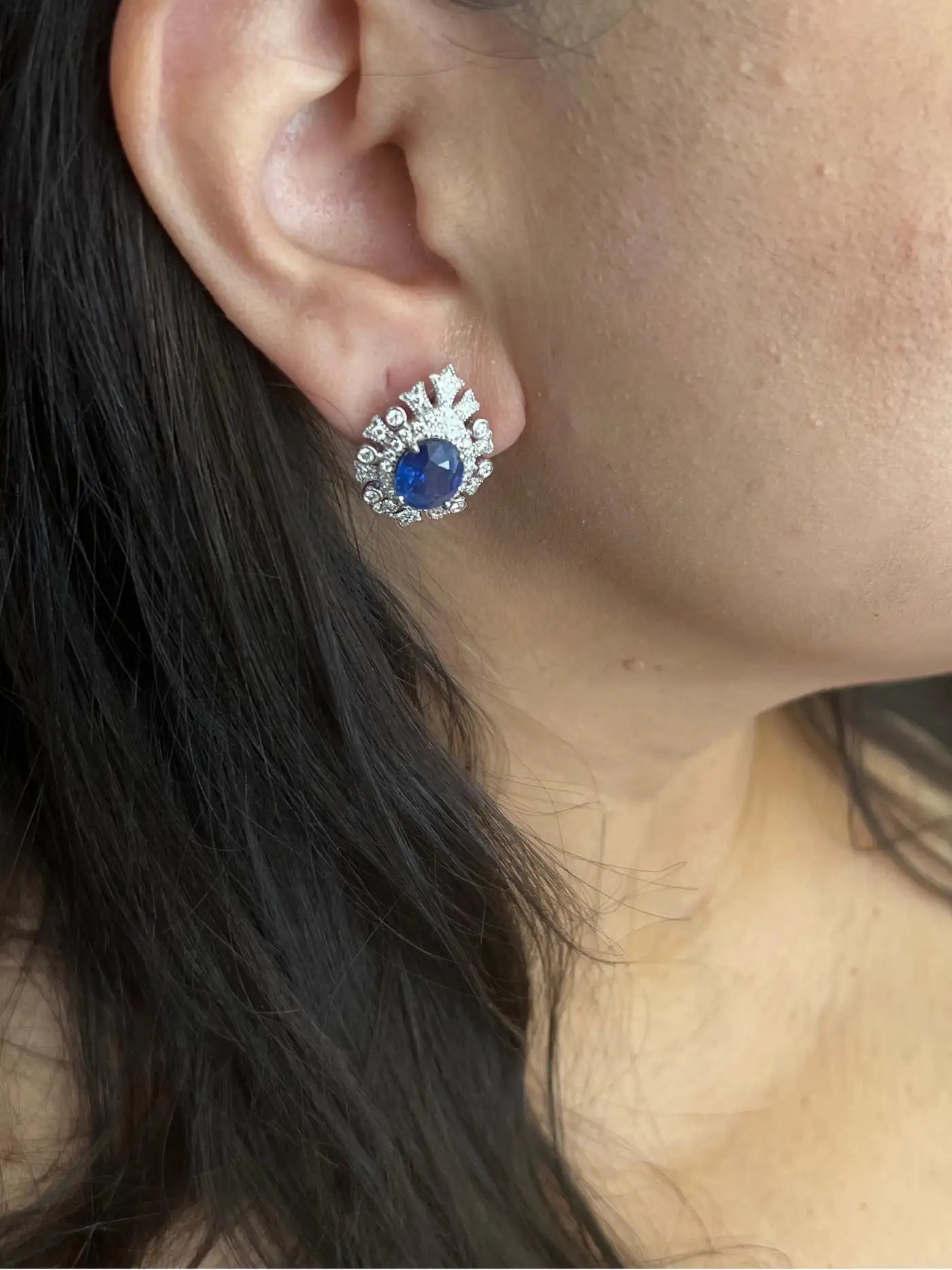 18K Gold Art Deco Halo Earring, Ceylon Sapphire 6.53 CT And White Round Diamonds